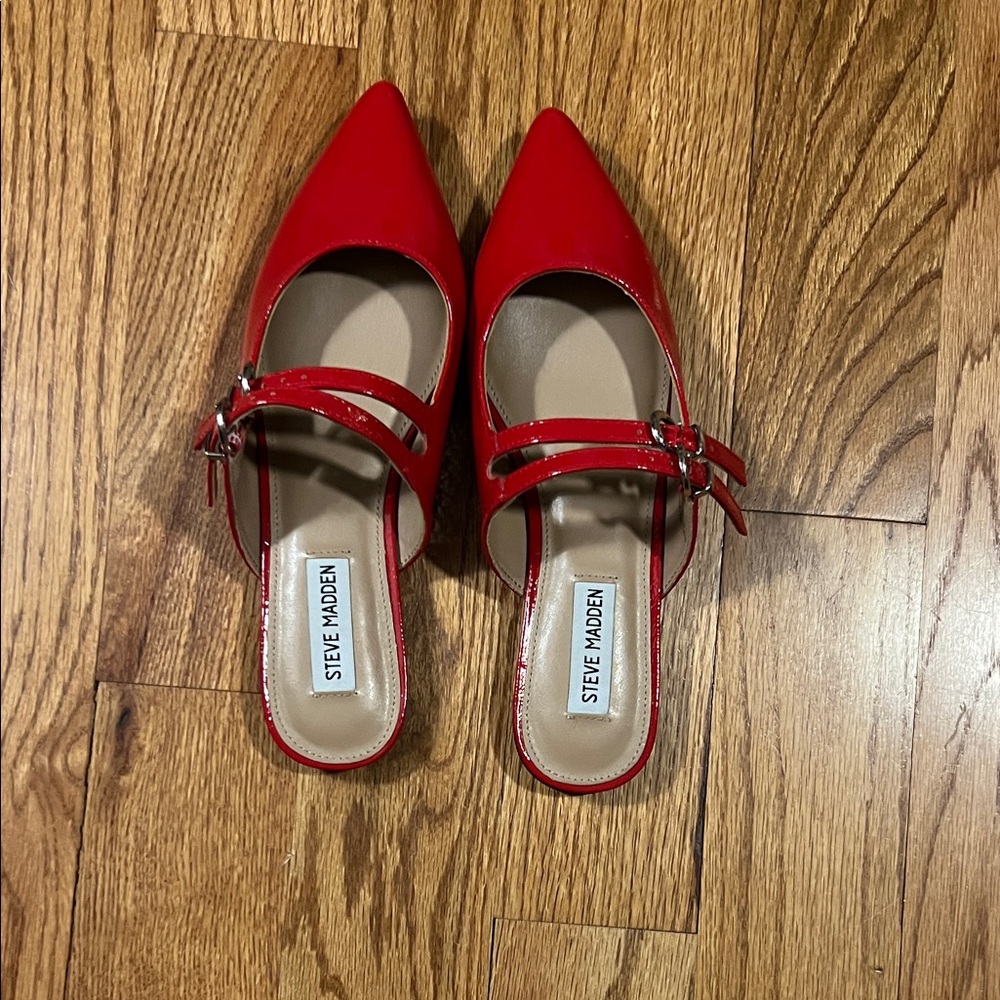 Steve Madden Red Patent Pointed-Toe Double-Strap Mules